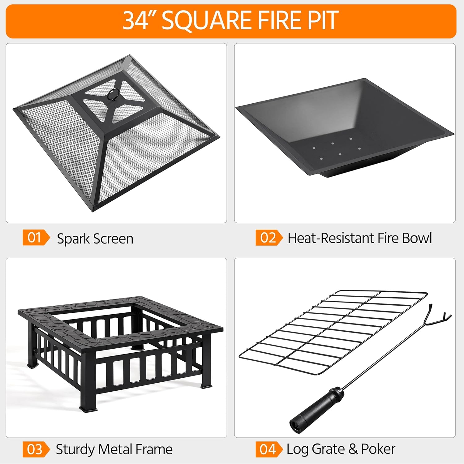 Topeakmart Outdoor Fire Pit Wood Burning 32in Multifunctional Firepits Table Patio Stove with Waterproof Cover, Spark Screen, Poker, Large Square Fire Pits for Outside Garden Camping