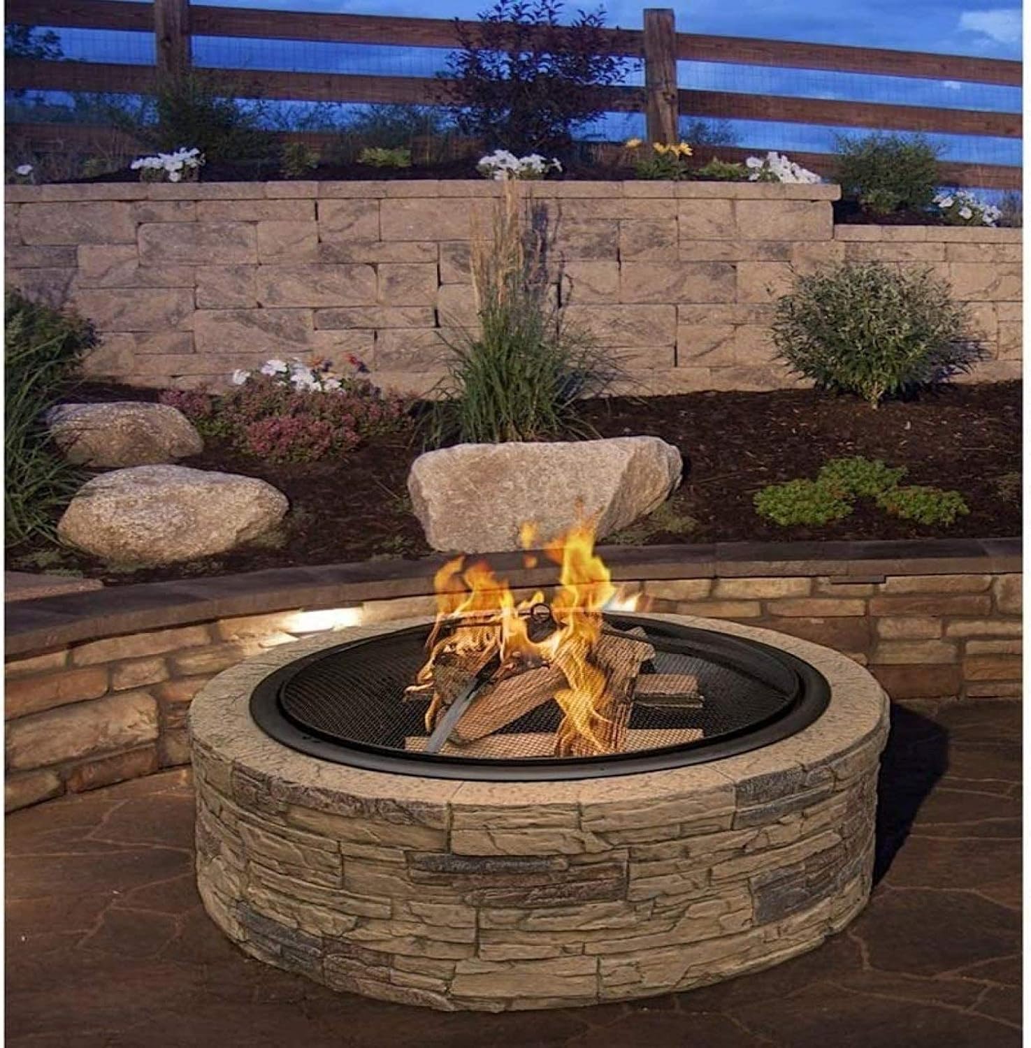 Fire Pit BBQ Grill Fire Bowl Round Charcoal Heating Brazier Imitation Stone Wood Grain Stove