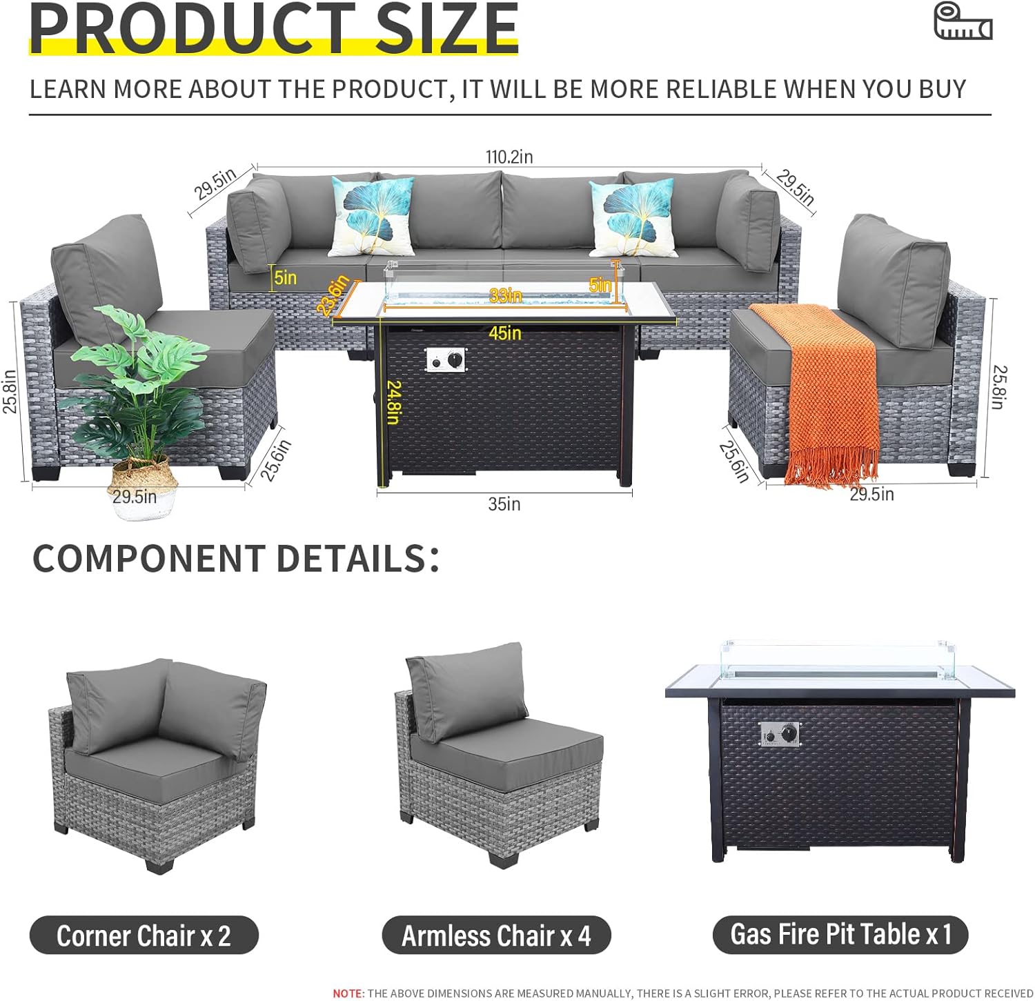 7 Pieces Wicker Patio Furniture Set, PE RattanOutdoor Sectional Conversation Sofa Set with Fire Pit Table, Non-Slip Cushions and Furniture Cover, Light Grey