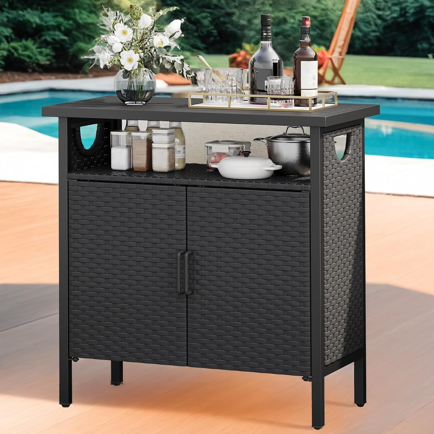 DWVO Patio Storage Cabinet, Outdoor Buffet Cabinet with Two Doors and Shelves, Outdoor Storage Table with PE Rattan for Patio, Backyard, Garden - Black