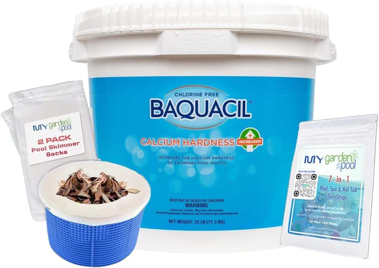 BAQUACIL Calcium Hardness Increaser 25 lb Pail – Raises Calcium Levels for Balanced Pool Water – Includes My Garden Pool 2 Scum Socks, 7-in-1 Test Strip & Pool-IQ AI Assistant