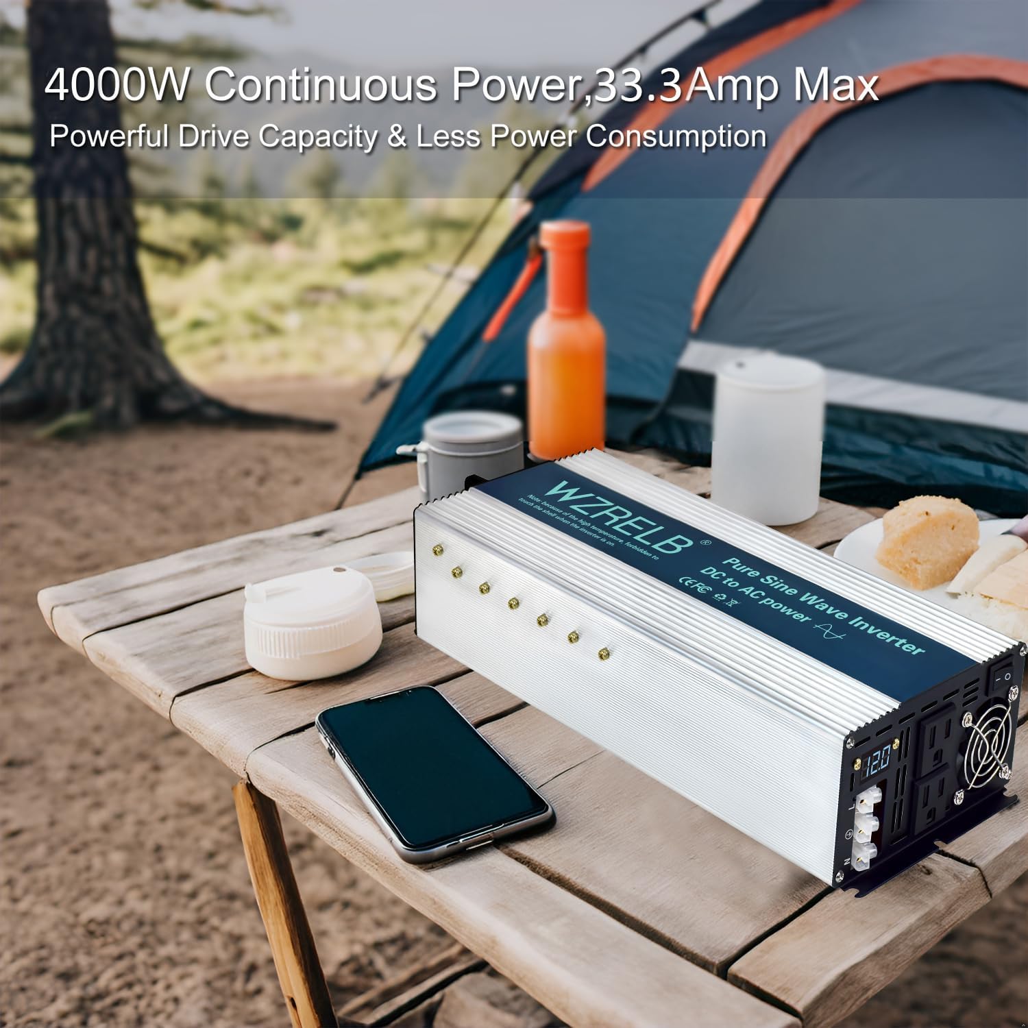 WZRELB 4000W Pure Sine Wave Inverter, Car Power Inverter 72V DC to 110V 120V AC Converter for RV, Truck, Solar, Outdoor with Dual AC Outlets, Hardwire Port, Surge 8000W, LED Display,Off-Grid