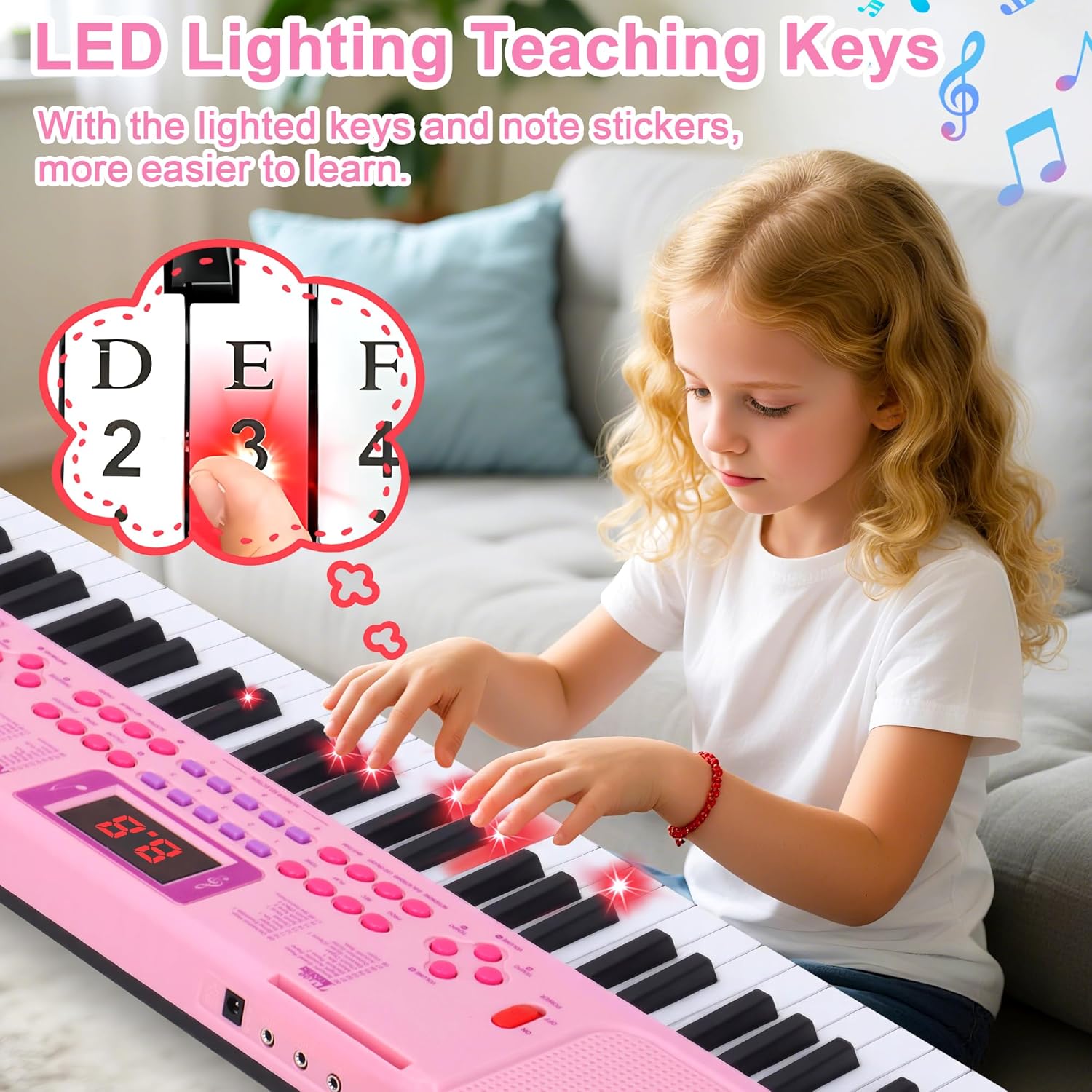Kids Keyboard Piano, 61 Light-up Key Electric Piano Musical Learning Toy for Beginners with Microphone, Music Stand, Notekey Sticker, Birthday Xmas Gift for 3-10 Years Old, Pink