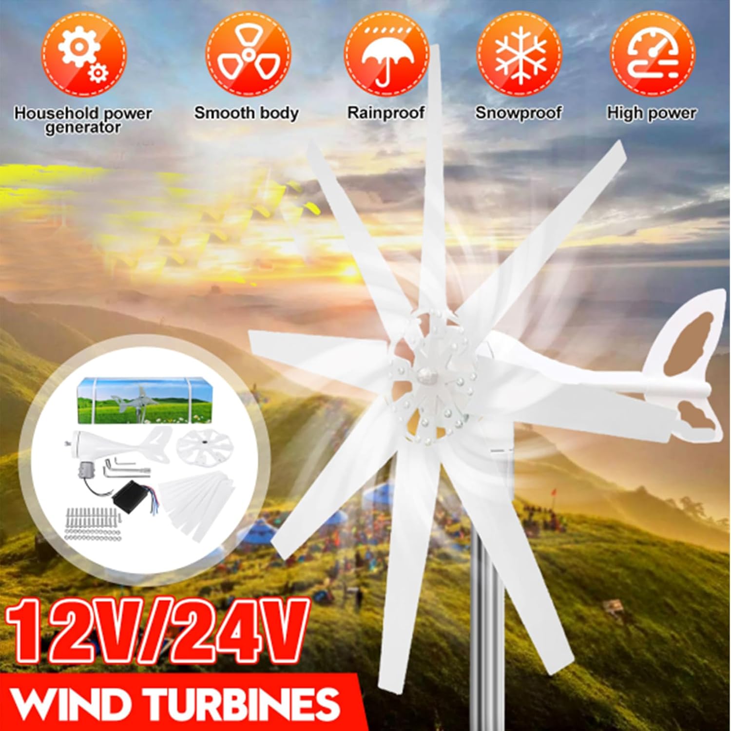 8 Blades12000w Wind Turbine 12V 24V 48V High Efficiency Horizontal Windmill Off Grid System Home RV Farm(with Controller)