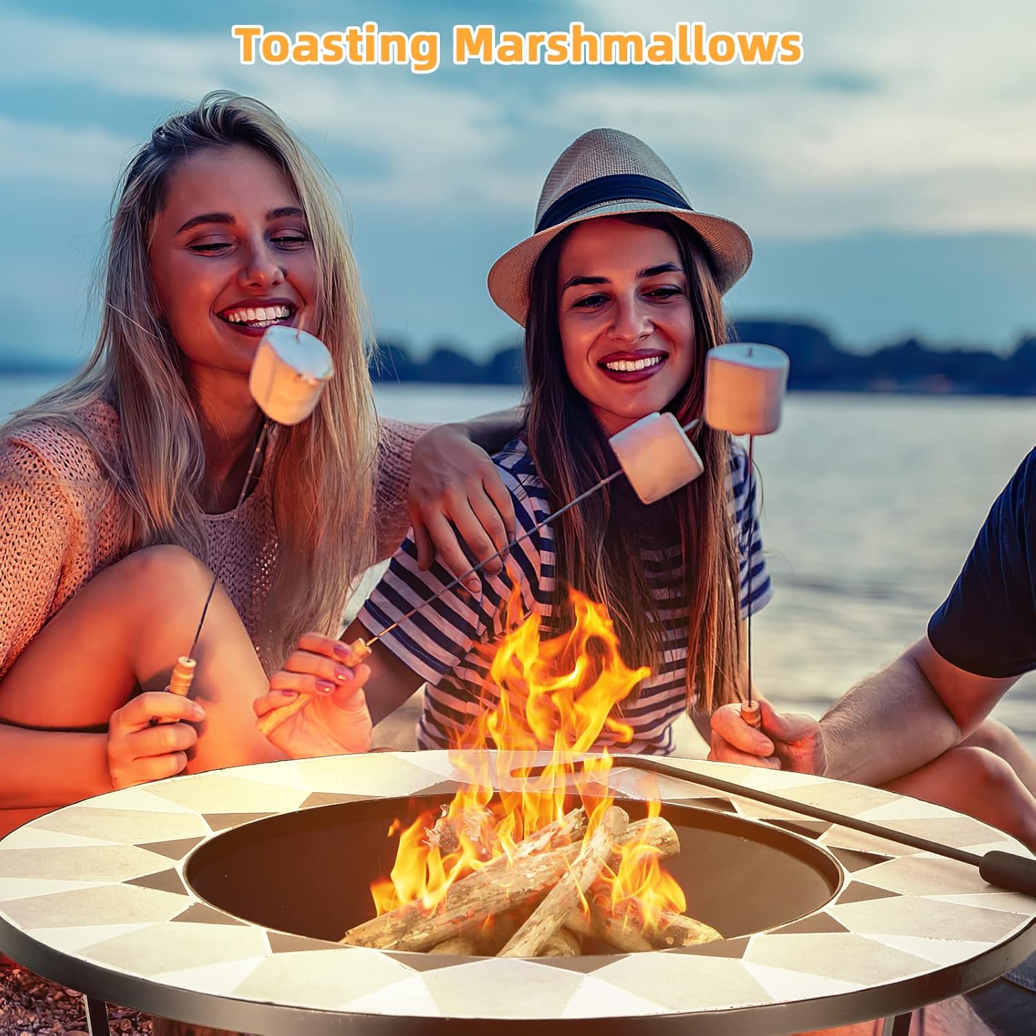 Tangkula Outdoor Fire Pit Table with Tile Tabletop, Small Round Steel Fire Bowl with Screen Cover, Fire Poker, Patio Wood Burning Fire Table for Camping, Bonfire & Outdoor Heating