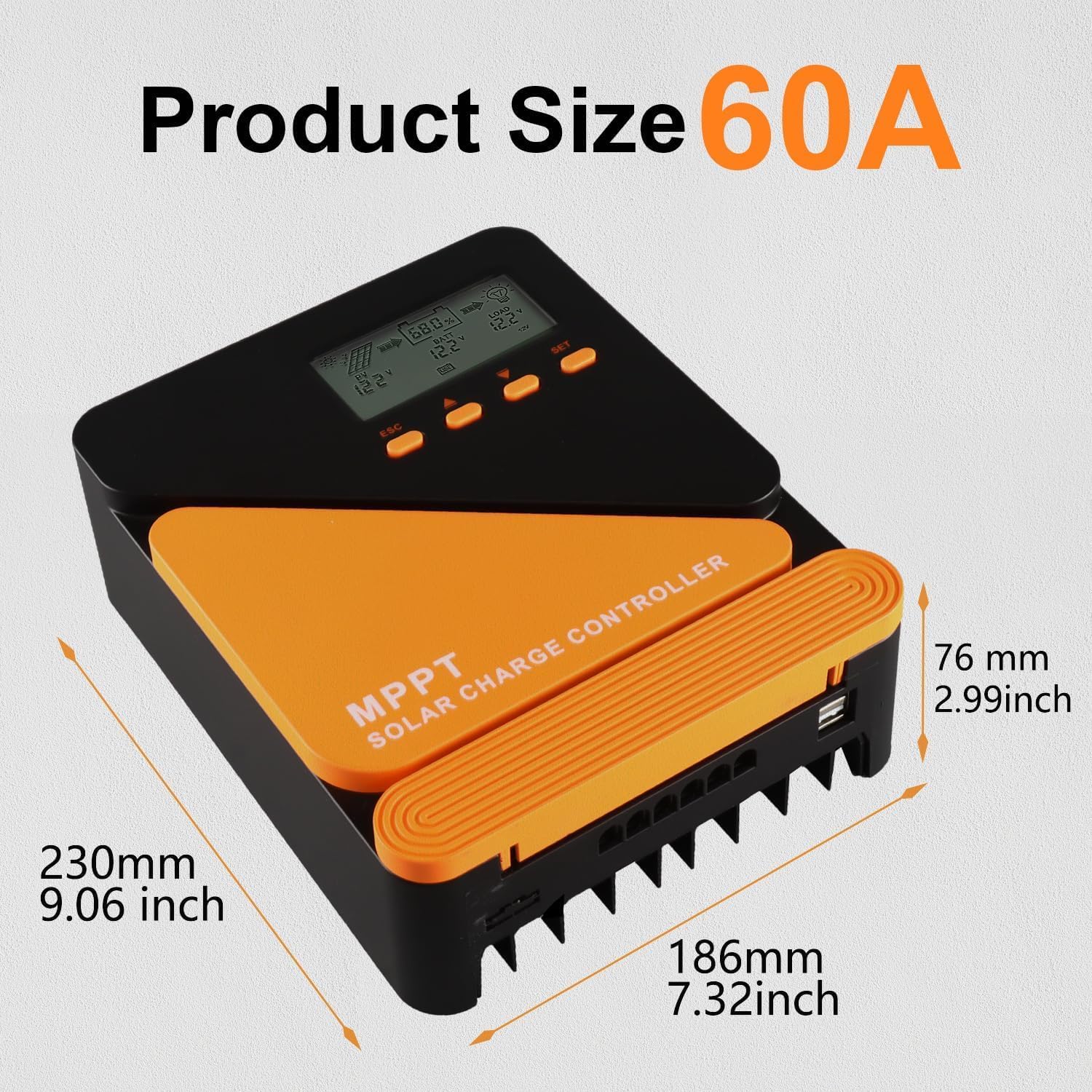 60A MPPT Solar Charge Controller 12V/24V Auto Adaptive - Dual Fans - Dual 5V/3A USB Charging Port, for LiFePO4, LA, Lithium, TL, Gel, Flooded, and AGM Battery