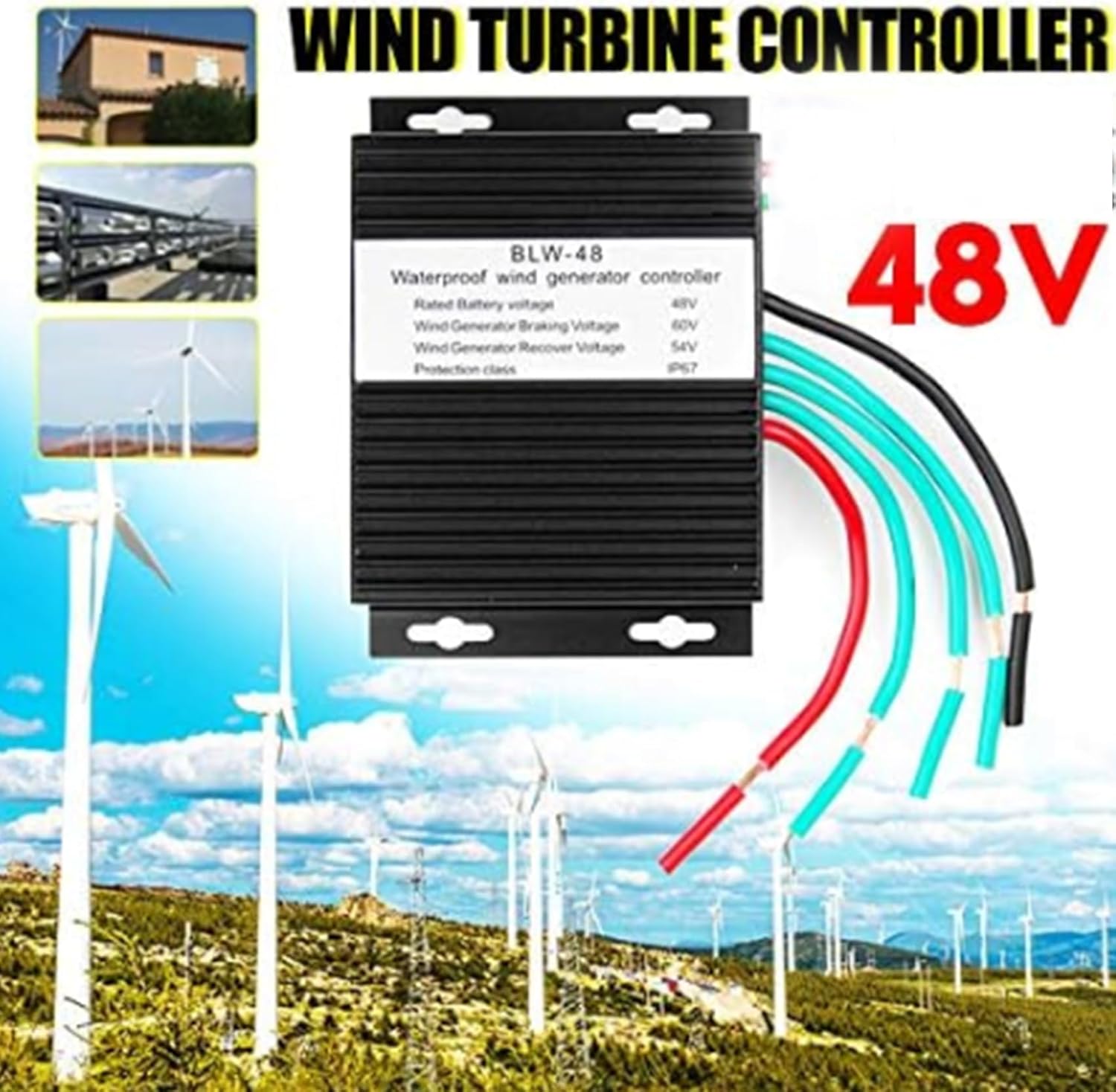 3000W DC 12V 24V AUTO 48V Wind Turbines Generator Charge Controller, 10A-40A IP67 Waterproof Battery Charge Controller Regulator (48V)