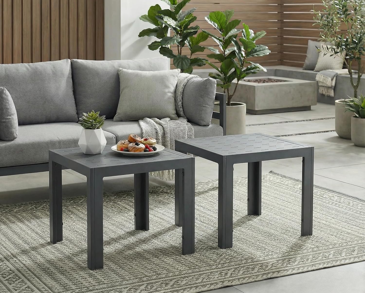 NICESOUL® 2 Pieces Aluminum Tables Side Tables Grey Tea Tables for Outdoor Patio Porch Backyard Furniture Pieces in Pairs Charcoal Grey