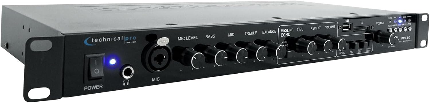 Technical Pro PRE50 2-Channel Rechargeable Pre-Amplifier Pre-Amp w/USB/SD Preamp