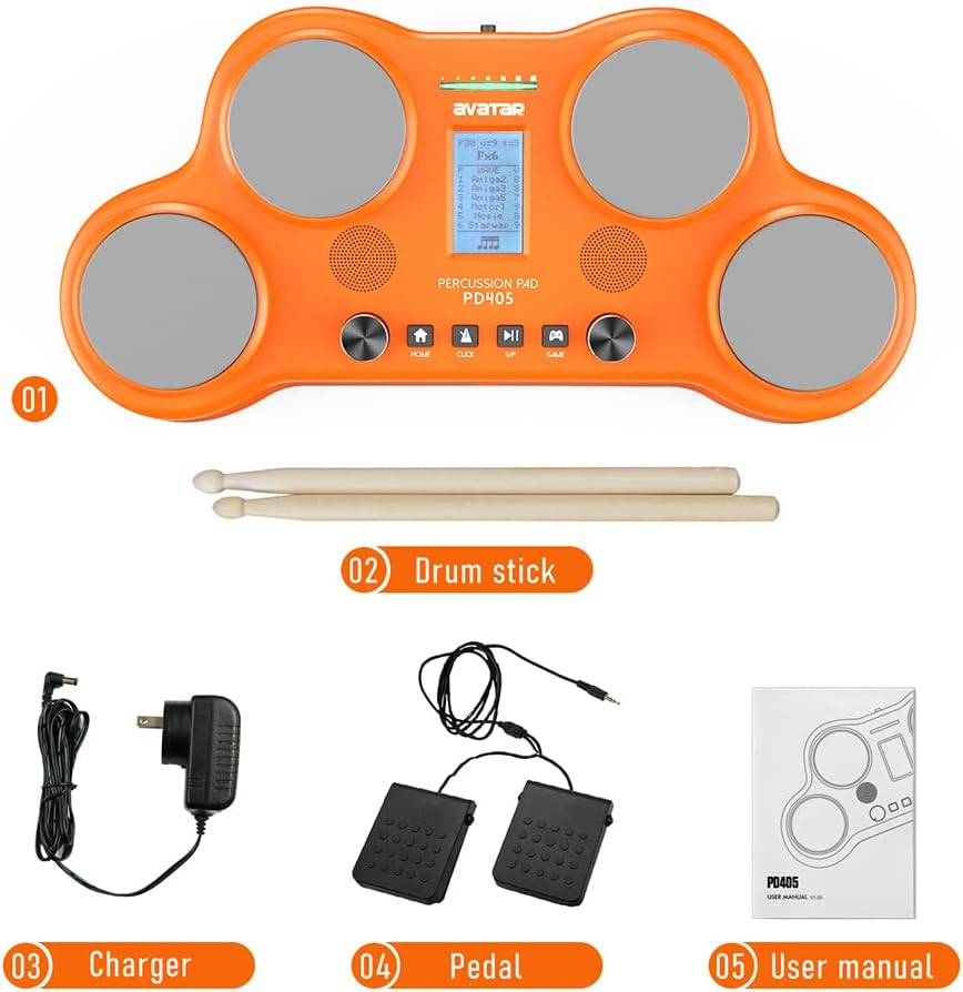 PD405 Electronic Drum Set 4 Velocity Sensitive Electric Drum Pads With 163 Sounds, Built-in Speaker, Pedals, Drum Sticks, Christmas Gift