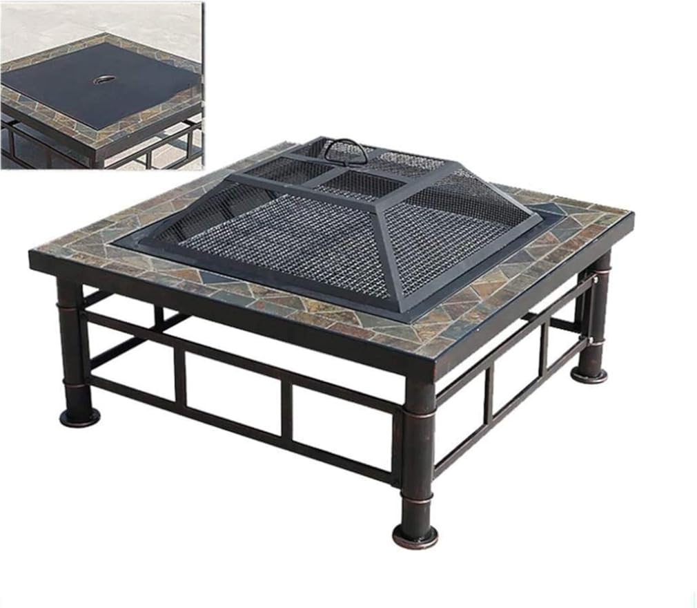Fire Pits Outdoor Wood Burning Fire Pit Tables for Outside Patio, Multi-Purpose Square Fireplace Backyard Patio Garden Outside Wood Burning Heater BBQ with Cover BBQ Cooking for Outside Camping Backya