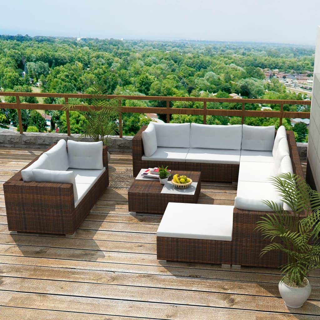 Patio Set 10 Piece Patio Lounge Set with Cushions Poly Rattan Brown