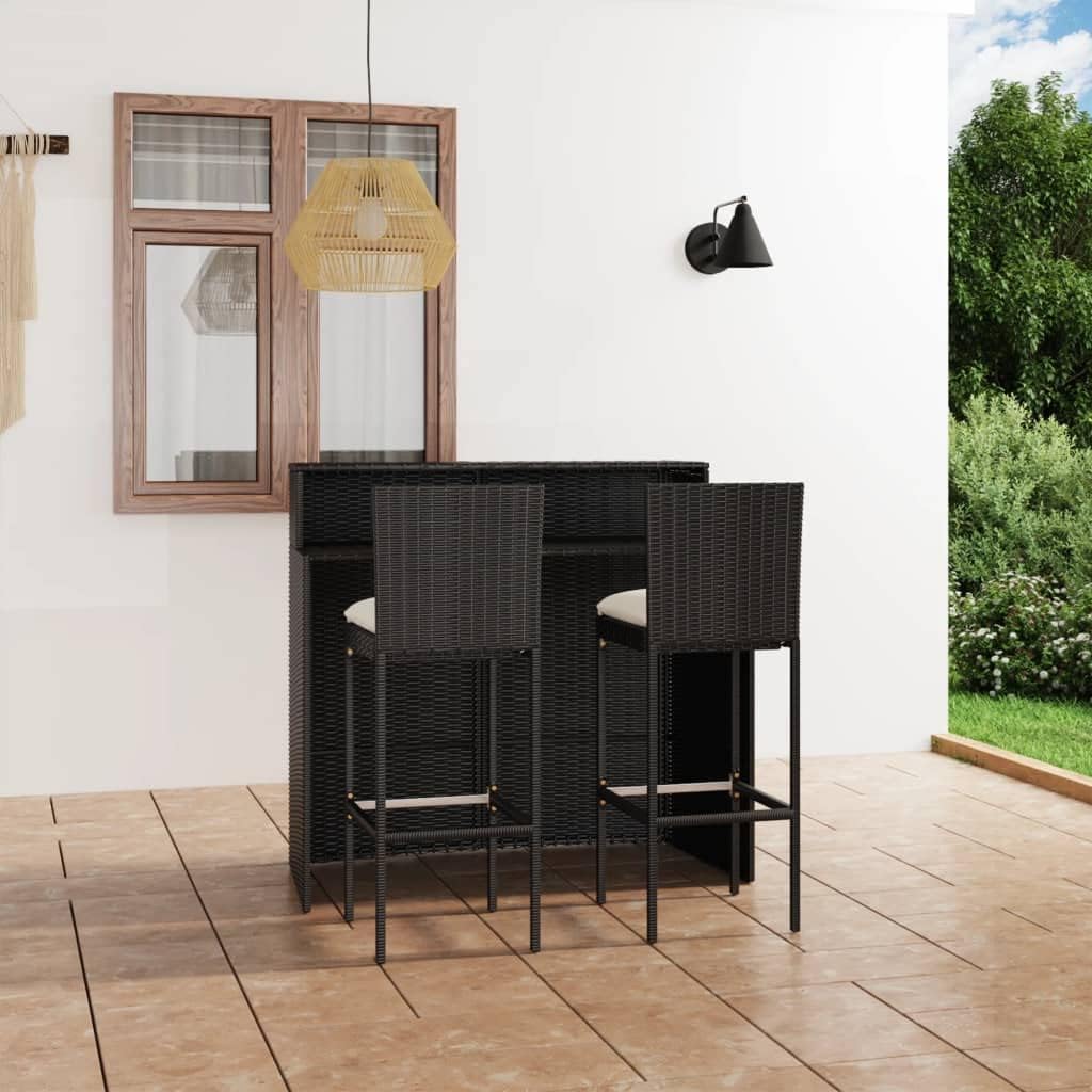 3 Piece Patio Bar Set with Cushions Black Garden Furniture