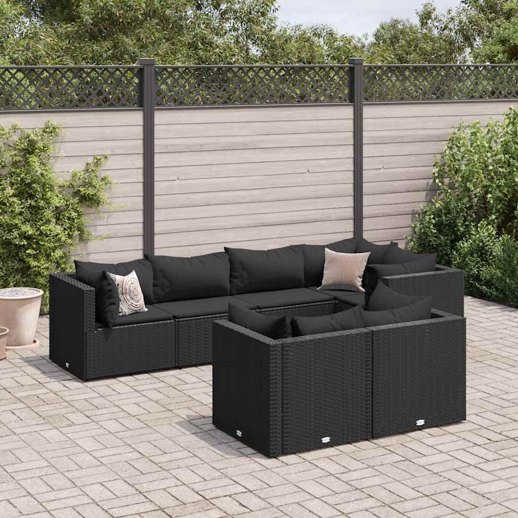 7 Piece Patio Lounge Set with Cushions Black Poly Rattan,Comfortable Modular PE Rattan Outdoor Furniture Set for Patio, Backyard, and Terrace Patio Furniture Sets, Outdoor Furniture Sets