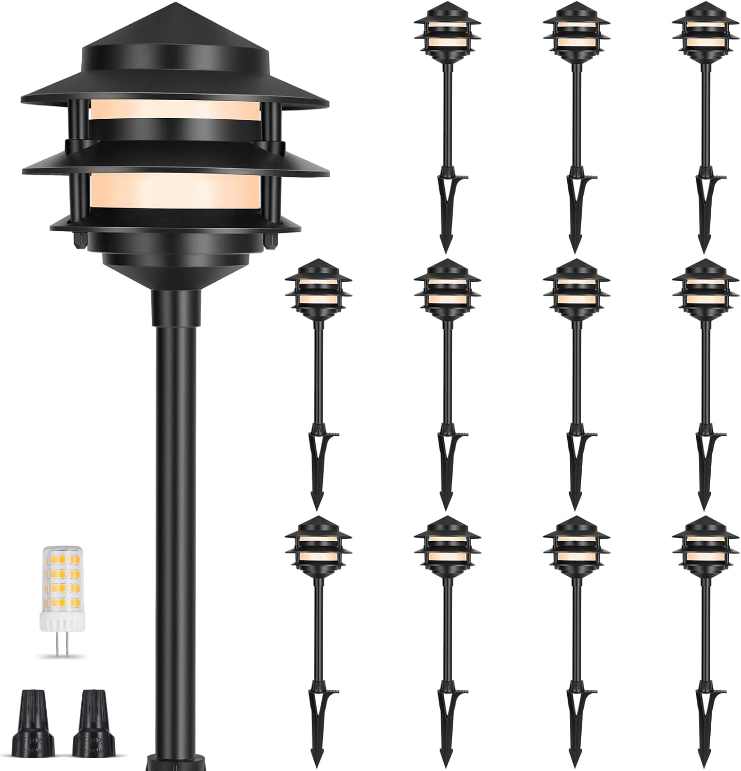 Gardencoin Pagoda Low Voltage Landscape Pathway Lights, 12V Outdoor LED Path Lights Wired, Aluminum Walkway Lighting with 4W 2700K Replaceable G4 Bulb, Classic 3-Tier Lantern, 12 Pack