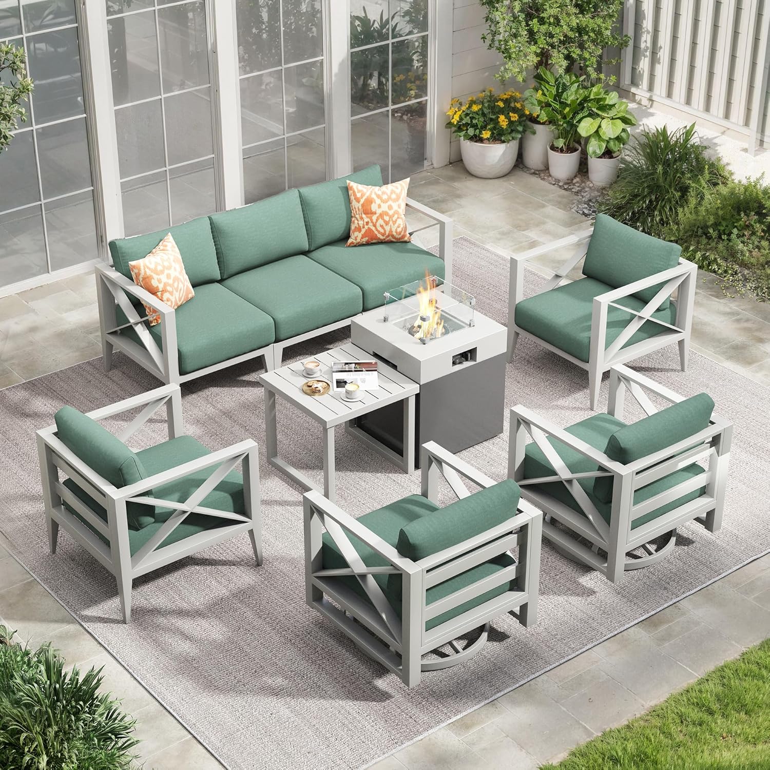 Aluminum Patio Furniture Set with Fire Pit Table,7-Seats Patio Sectional Conversation Sofa with 6