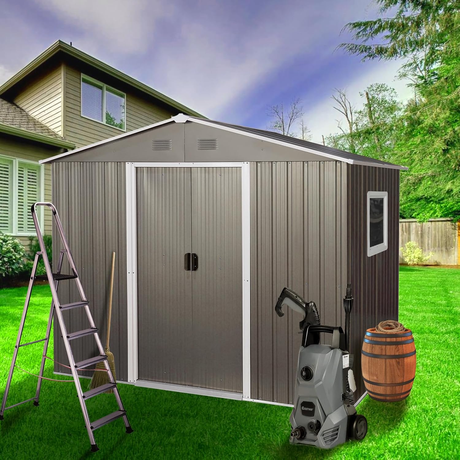 Outdoor Metal Storage Shed with Window,Sliding Double Doors and Padlock,Galvanized Steel Wall Panels,Punched Ventilation,Sloped Roof,Metal Foundation Frame,Anchors,Hooks and Shelf (Grey,8x6FT)