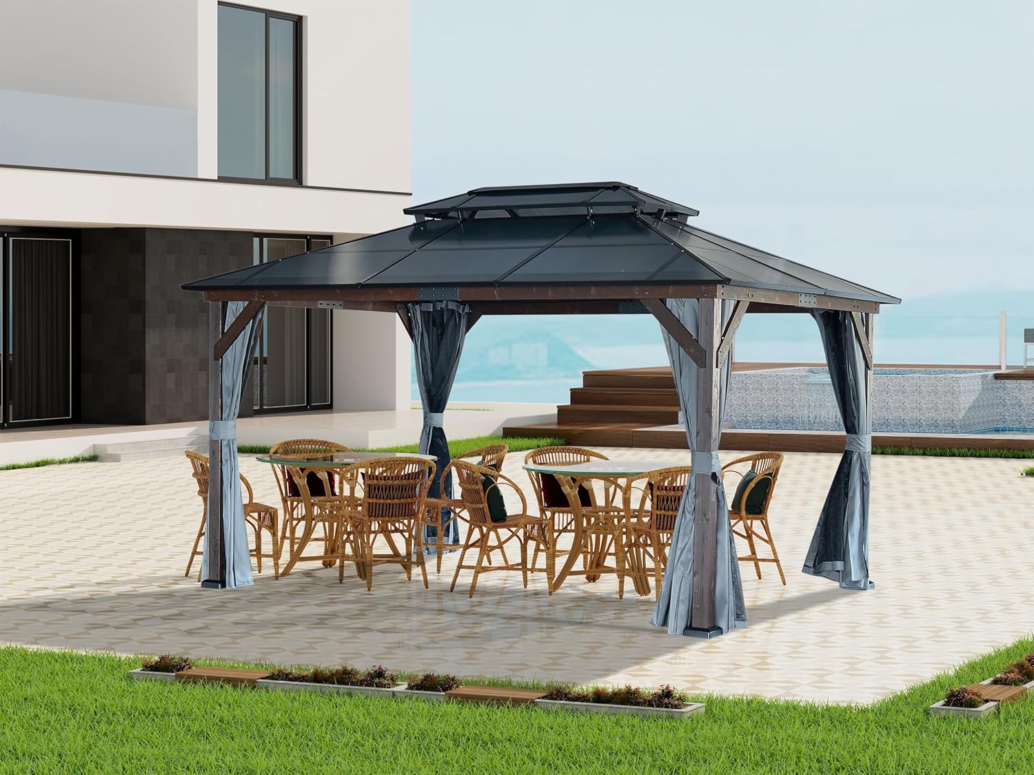10 * 13FT Wooden Finish Aluminum Frame Gazebo Whit Outdoor Polycarbonate Double Roof Canopy,Aluminum Frame Permanent Pavilion with Curtains and Netting, Sunshade for Garden, Patio, Lawns
