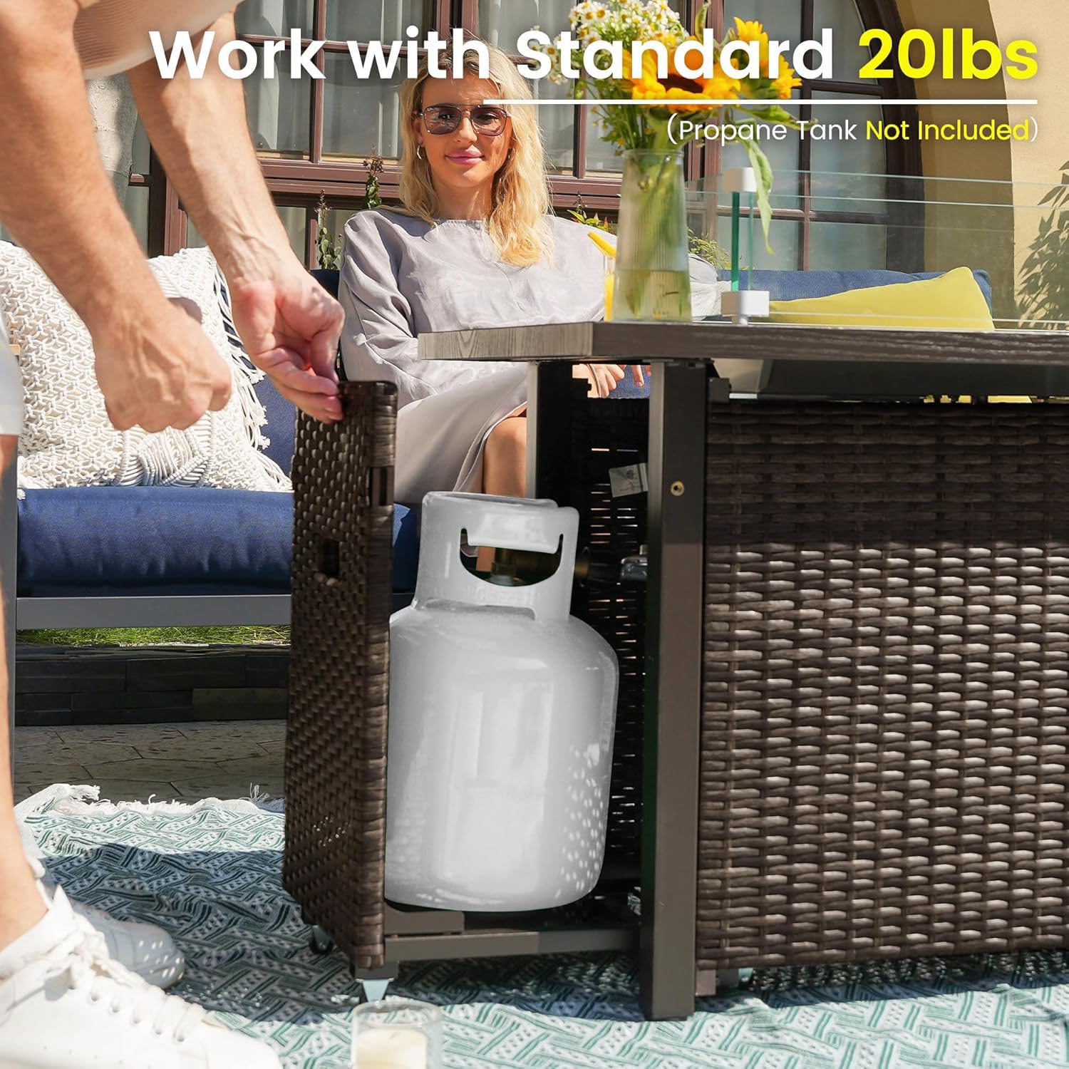 Sundale Outdoor 52 Inch Outdoor Fire Pit Table, 50,000 BTU Propane Fire Pits with Storage Shelf, Glass Wind Guard and Lid, Wicker Patio Gas Fire Pit for Outside Patio and Garden, CSA-Listed(Brown)