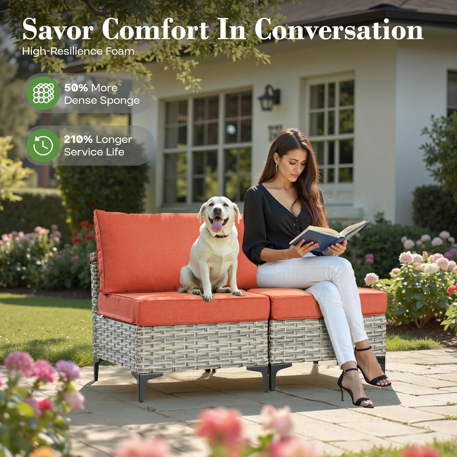 11 Pcs Patio Furniture with Fire Pit Table, Outdoor Rattan Wicker Conversation Set with Glowing Coffee Table, Comfy Sectional Sofa for Porch Balcony Backyard Pool, Orange