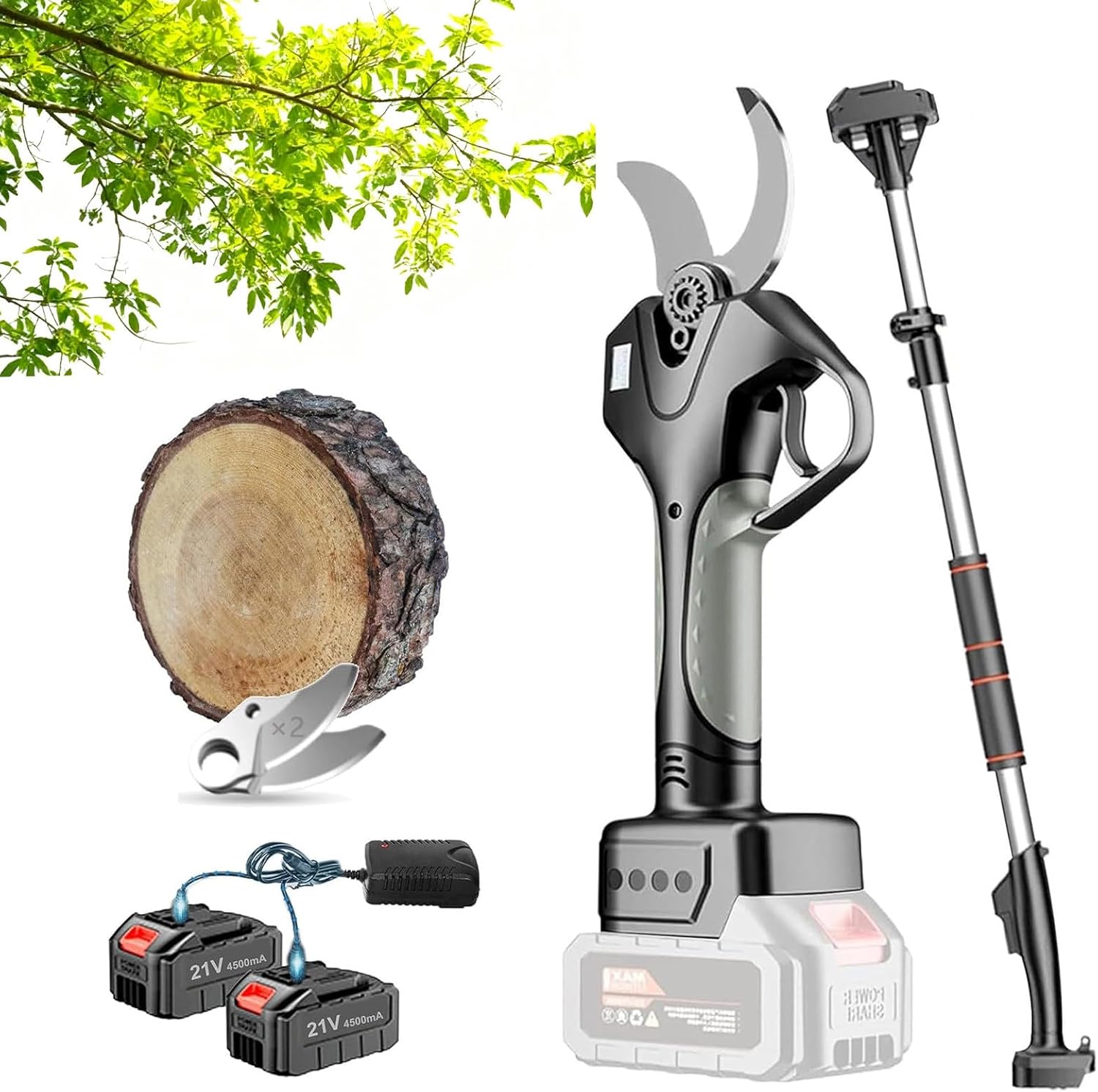 Cordless Pruning Shears with Pole, 50mm with 2 * 4500mAh Batteries, 2.1m Extension, for Tree Pruning.