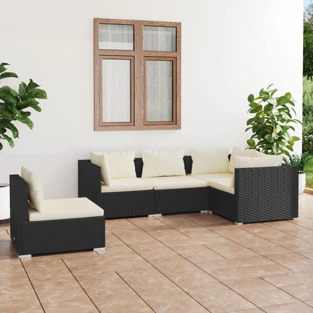 5 Piece Patio Lounge Set with Cushions Poly Rattan Black,Ultimate Relaxation: Patio Lounge Set with Modular Design and Padded Cushions for Ultimate Comfort Patio Furniture Sets, Outdoor Furniture Sets