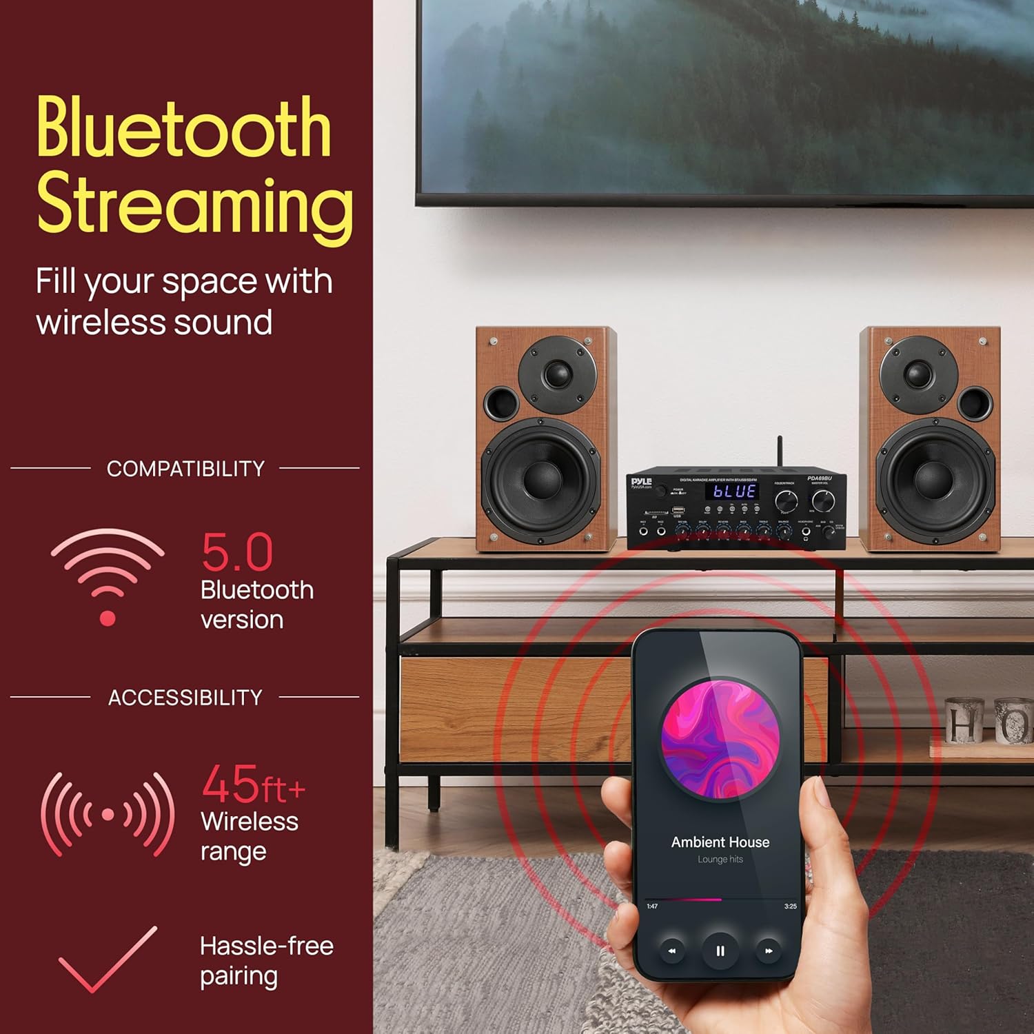 Pyle Stereo Amplifier Audio Receiver with Bluetooth Streaming, 200 Watt Peak, 2.0 Channel HiFi Sound System with MP3/USB/SD/FM Radio, RCA/Aux Inputs, Mic and Headphone Jacks, Rotary Vol Bass Treble