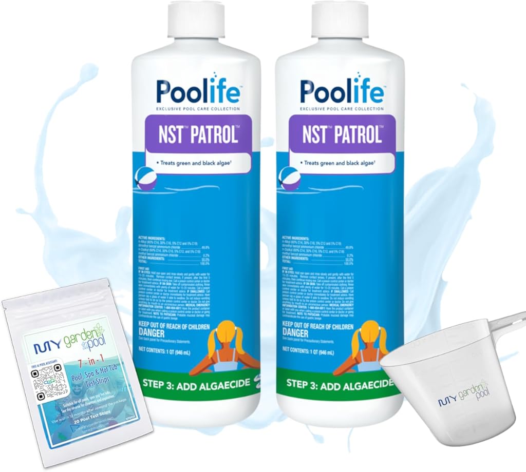 Poolife NST Patrol – Fast-Acting Algaecide with 50% Quat for Green & Black Algae Control – Low-Dosing Weekly Formula – Includes 7-in-1 Test Strips, Measuring Cup & Pool-IQ AI Assistant 2 Pack