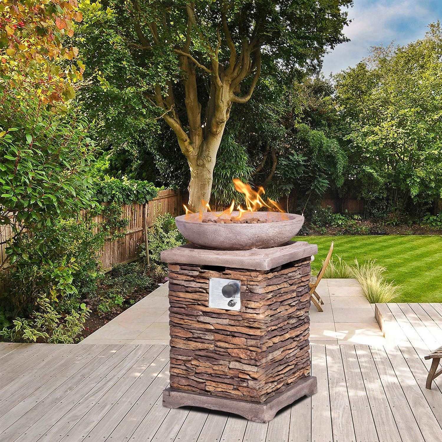 AQUILLA Propane Gas Fire Pit, Stone Imitation Surface, Outdoor 40000 BTU Heater w Free Lava Rocks and Rain Cover, Can Fits 20 Gal Propane Tank (exclud) Inside for Garden, Poolside, Backyard