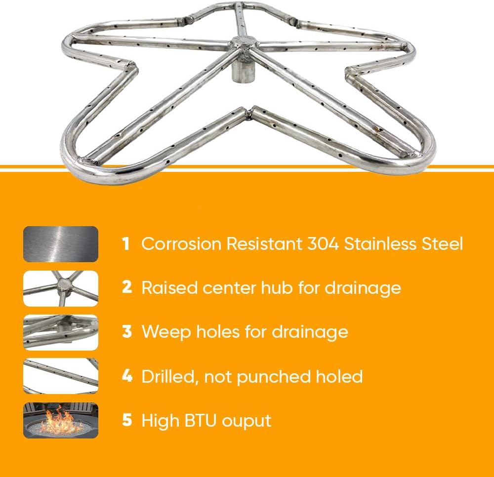 HPC Penta Match Lit Fire Pit Burner Kit with 12-Inch Stainless Steel Burner and 18-Inch Square Flat Pan, Propane, Polished Chrome, with Flange, Key, Valve, Flex Line and Fittings