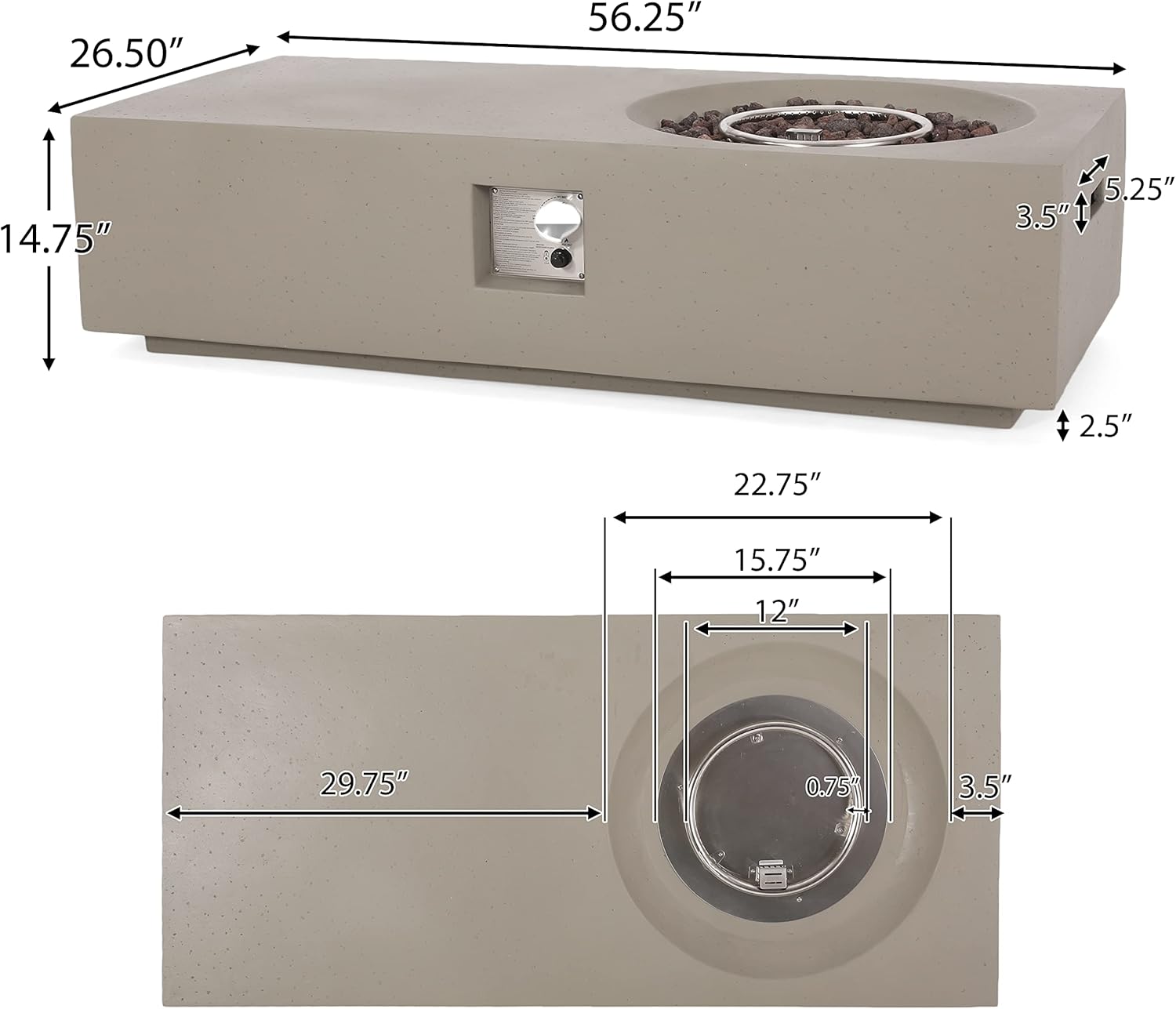 Christopher Knight Home Evatt Outdoor 50,000 BTU Rectangular Fire Pit Table (No Tank Holder) - Lightweight Concrete - Light Gray