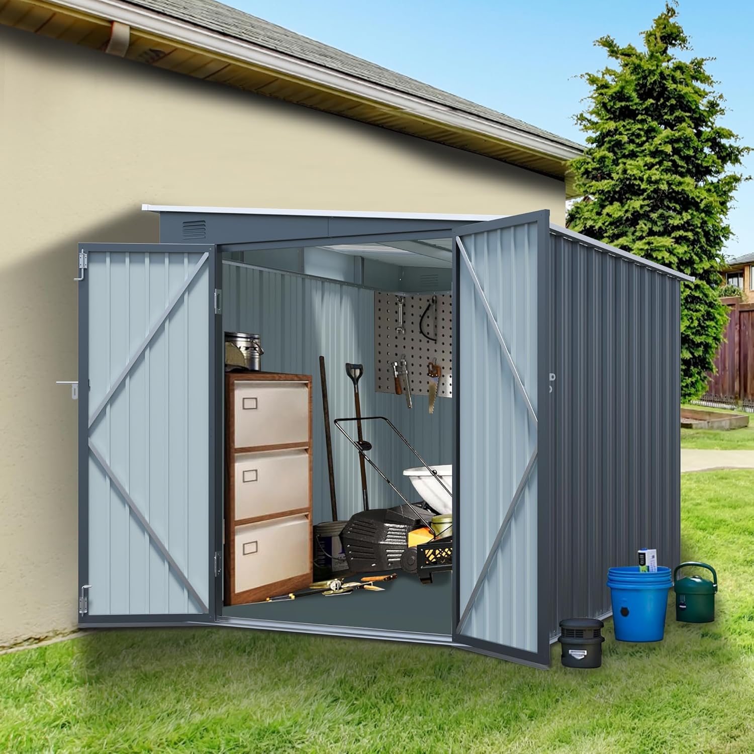 6x8 FT Steel Outdoor Storage Shed with Lockable Double Doors, Compact Metal Lean-to Shed with Translucent Roof Panel, Waterproof Tool Shed for Bikes, Garden & Patio Storage – Carbon Black