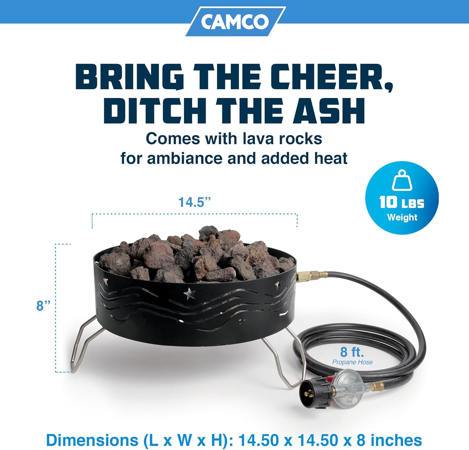 Camco 58041 Portable Campfire Outdoor Propane Heater Compact Fire Pit with Lava Rocks for Camping, Tailgating, and Patios, Black