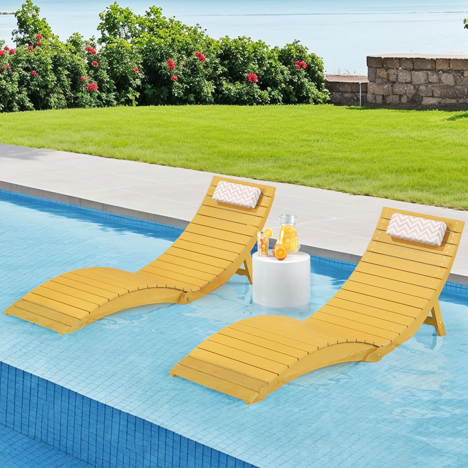 Folding Pool Lounge Chairs Set of 2, Pre-Assembled HDPS Anti-Floating Lounge Chairs for in-Pool Use, Chairs with Headrest for Hotel, Resort, Poolside, Beach & Sun Decks, Yellow
