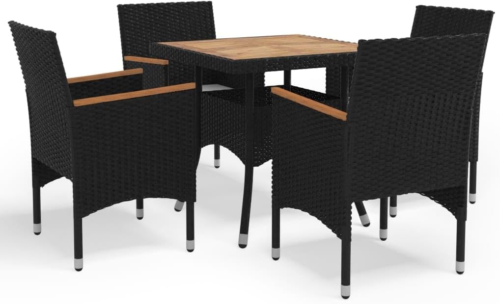 Black Poly Rattan Dining Set, 5-Piece Outdoor Patio Furniture, Square Table with Removable Covers, Weather-Resistant for Garden, Balcony