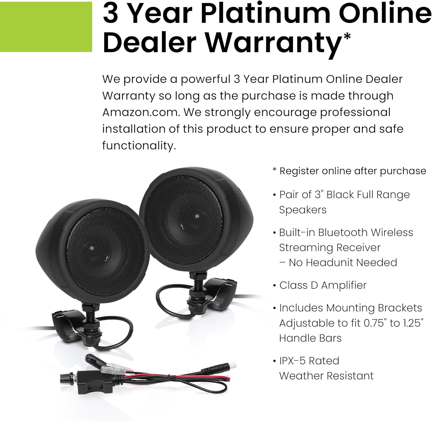 BOSS Audio Systems MCBK425BA 3 Inch Motorcycle Speakers – Built-in Bluetooth Amplifier, Weatherproof, Volume Control, ATV UTV Compatible