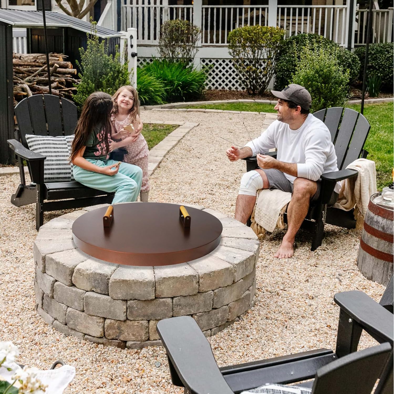 25.5” firepit lid round for inside up to 23” gas fire pit lid for Outdoor Fireplace Cover Lid Steel fire pit metal cover W/ Wooden Handle & Bronze Coated Snuffer Lid for Round Patio Fire Pit Ring