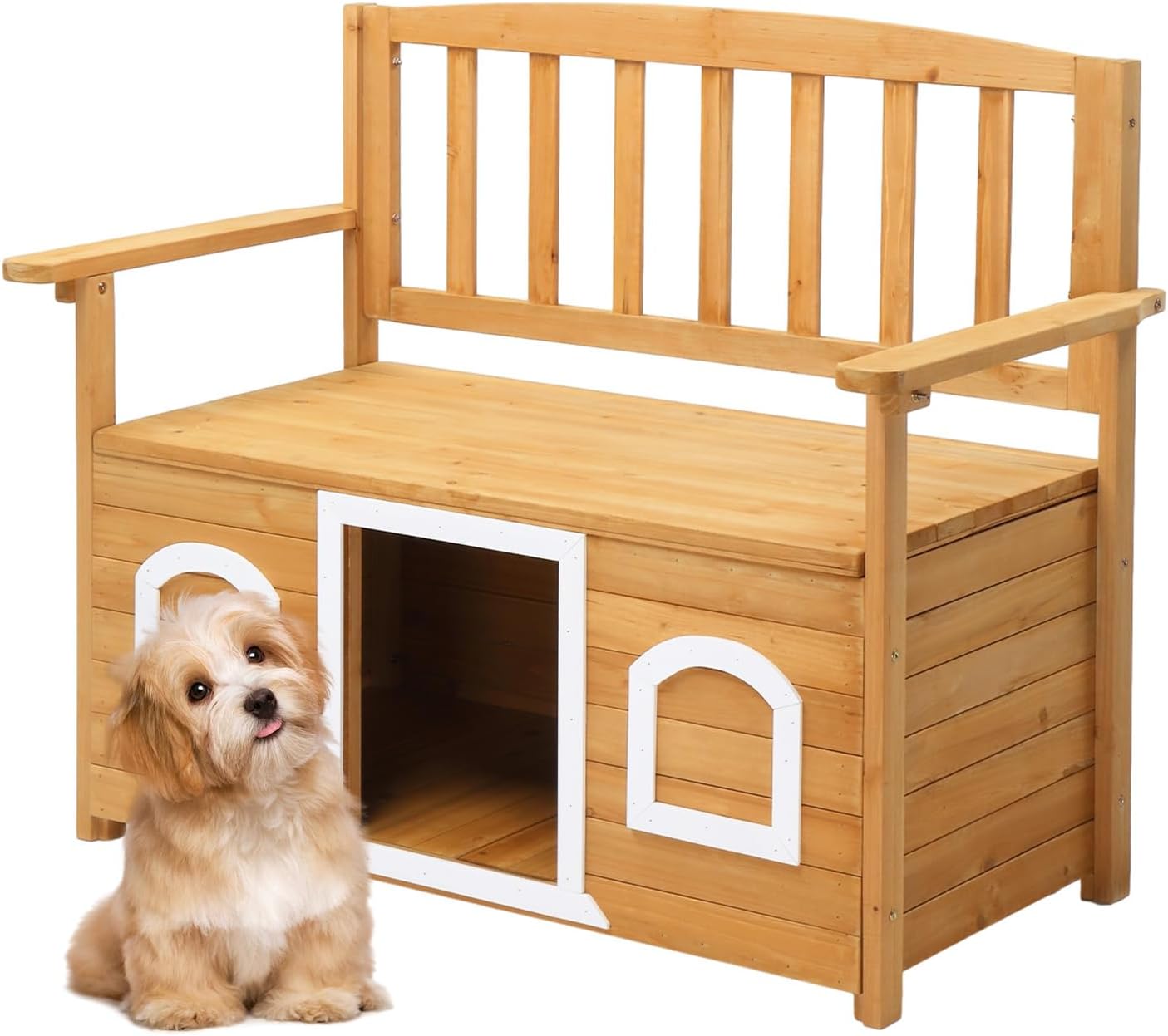 VINGLI Outdoor Storage Bench with Built-in Dog House, 2-in-1 Outdoor Waterproof Patio Bench with Pet Kennel for Patio Backyard Porch (Natural)