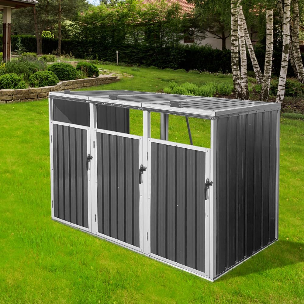 Outdoor Metal Garbage Bin Shed for Three Cans, Galvanized Steel Trash Can Enclosure with Front Doors, Weather-Resistant Storage Structure with Lift Lids, White and Gray