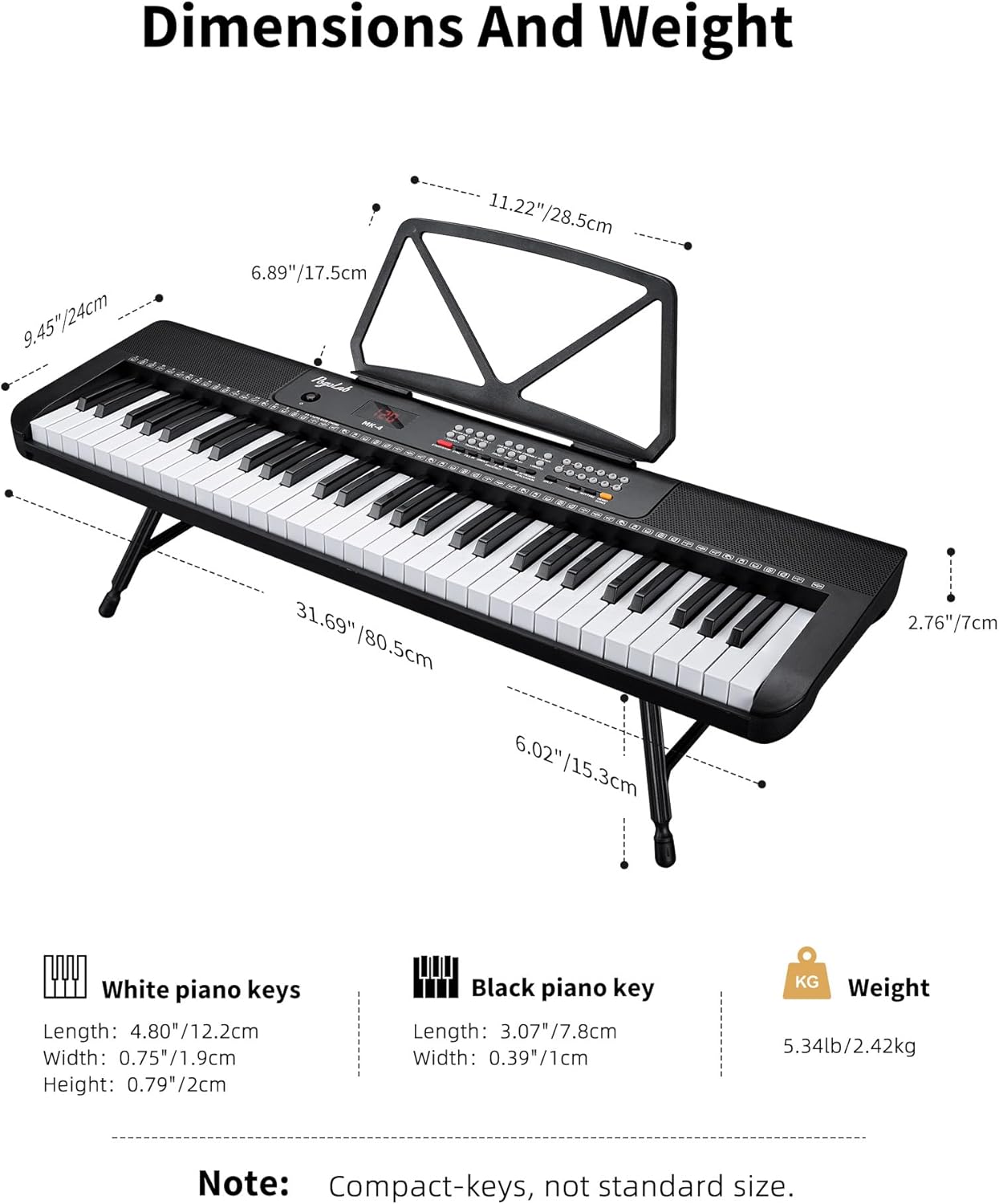 61 Keys Compact Keyboard Piano with Foldable Mini Stand, Built-in 255 Sounds, 255 Rhythms, 24 Demos, Includes Sheet Music Stand, Note Stickers & Power Supply, Gift for Beginners, Black