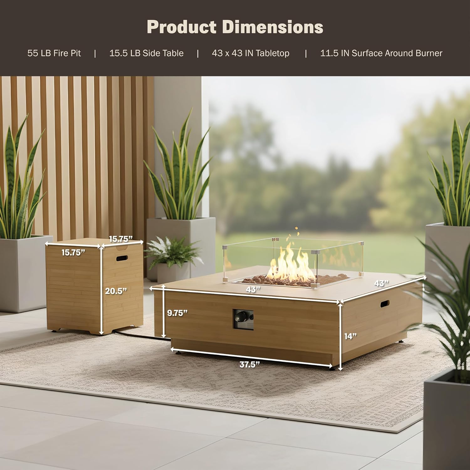 Kinger Home Harmony 43-Inch Large Square Outdoor Propane Gas Fire Pit Table, 50,000 BTUs, Certified Includes Side Table, Lava Rock and Weatherproof Cover