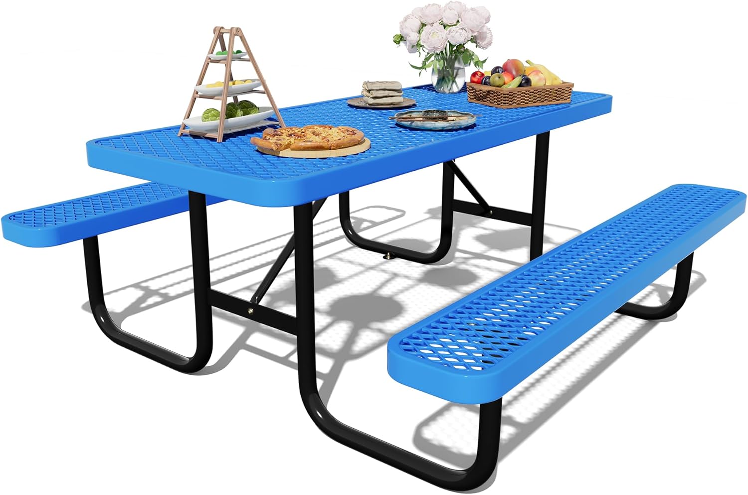 72'' Rectangular Steel Picnic Table for Outdoors,Commercial Metal Picnic Table Bench Set with Umbrella Hole,School Canteen Table W/Seats - Heavy Duty Sturdy Picnic Tables Furniture for Patio Garden