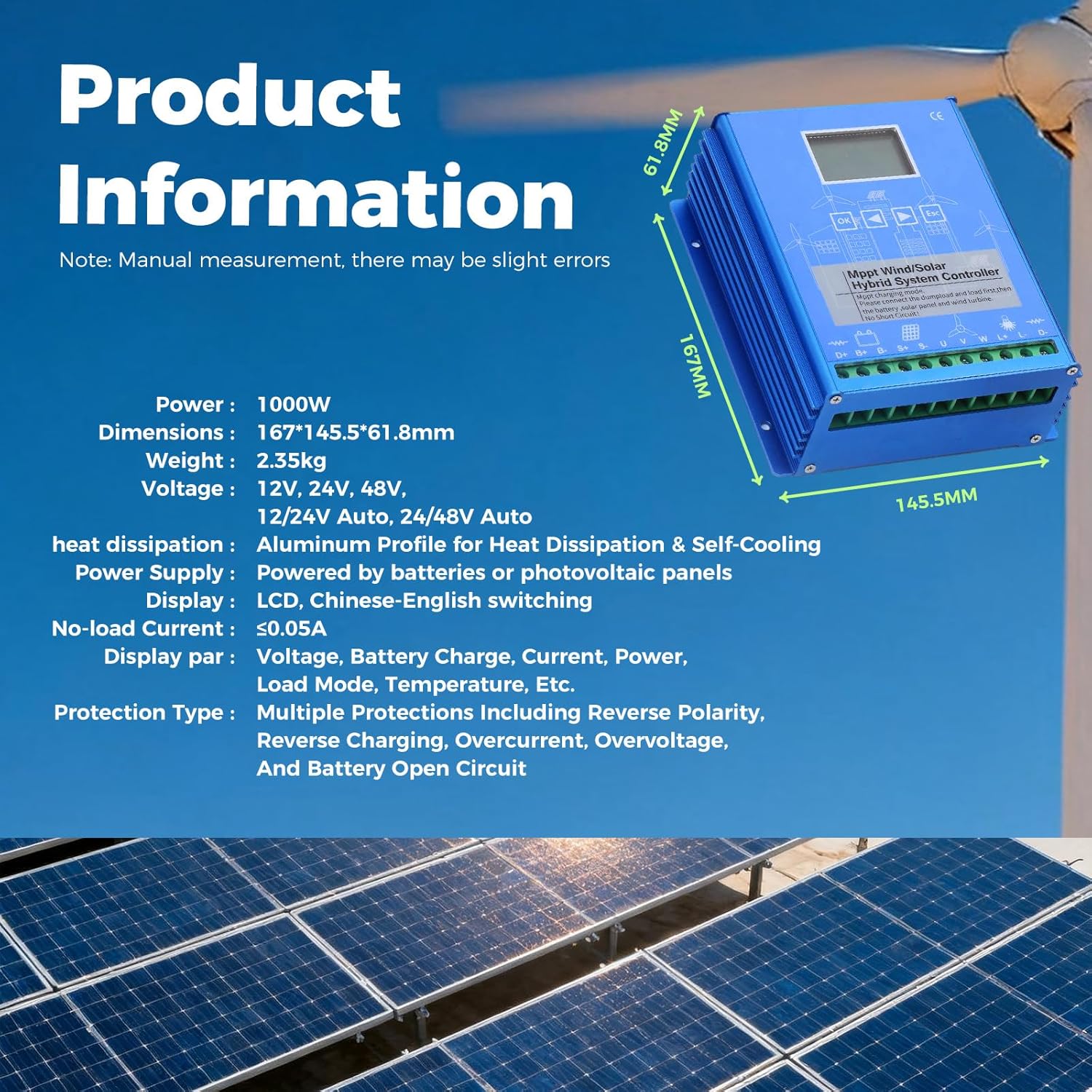 Solar Wind Controller Solar and Wind Charge Controller Solar Wind Power Controller Wind/Solar Hybrid System Controller 1000W-12/24VAuto