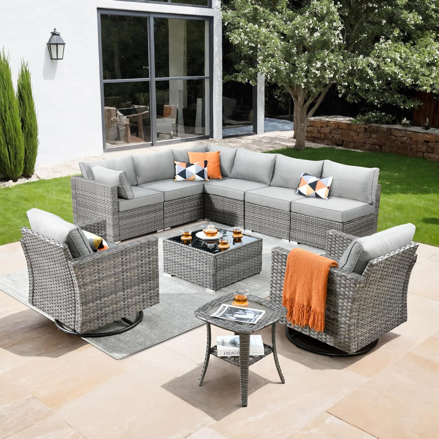 10 Pieces Patio Coversation Set with Swivel Rocking Chair, Outdoor Furniture Modular Couch with Coffee Table, Rattan Wicker Sectional Sofa for Porch Balcony Backyard, Dark Grey