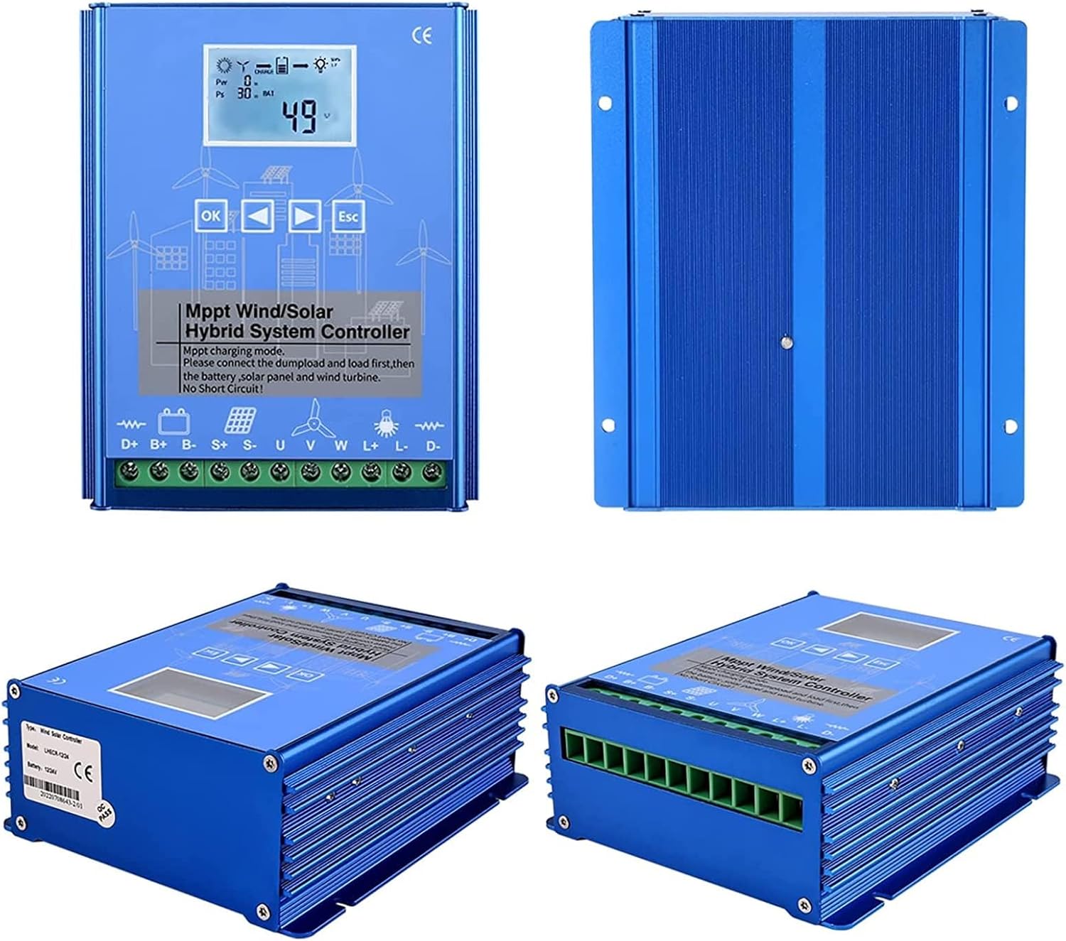 1600W Wind Solar Hybrid Charge Controller, 12V 24V 48V MPPT Charge Regulator Controller with LCD Display Suitable for Wind Solar Panels(Blue),48V