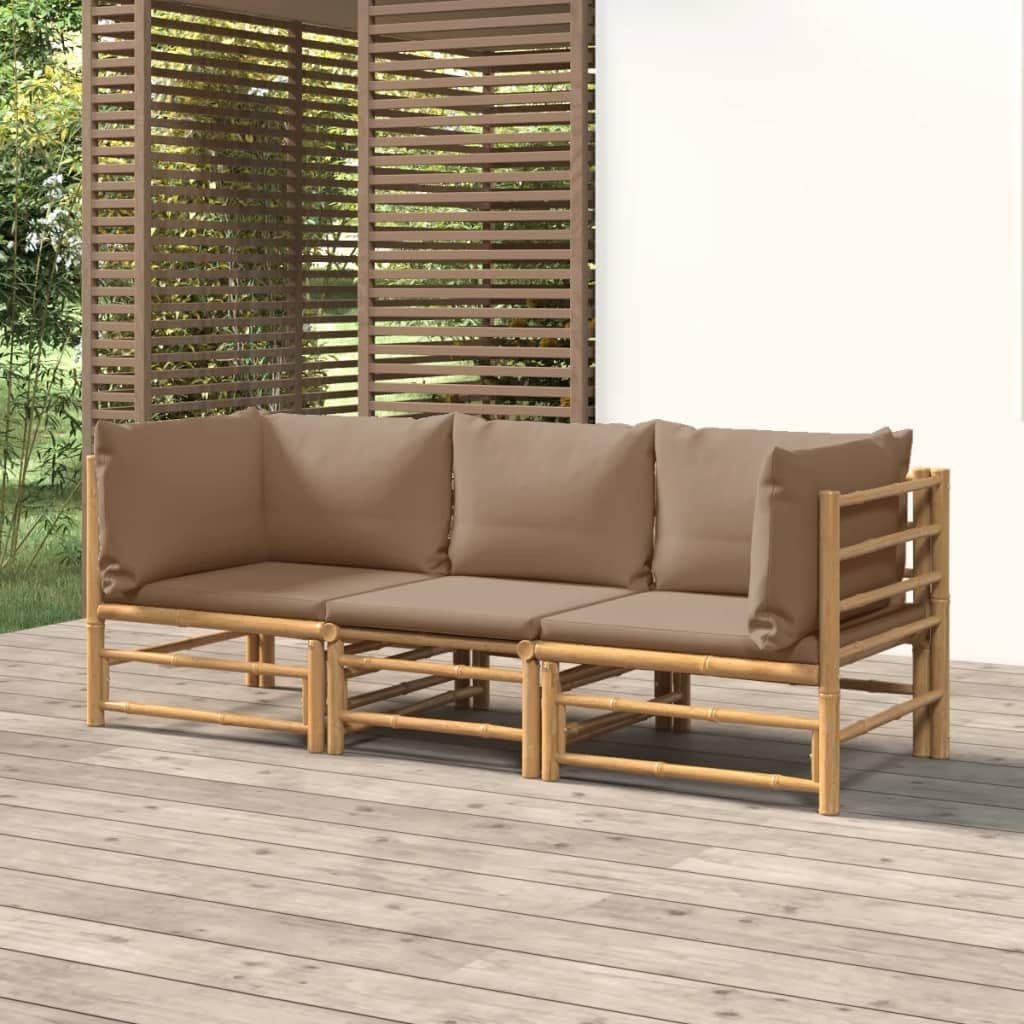 Furniture Sets 3 Piece Patio Lounge Set with Taupe Cushions Bamboo,Bamboo Patio Lounge Set: Comfort and Style for Your Outdoor Space Garden Conversation Sets
