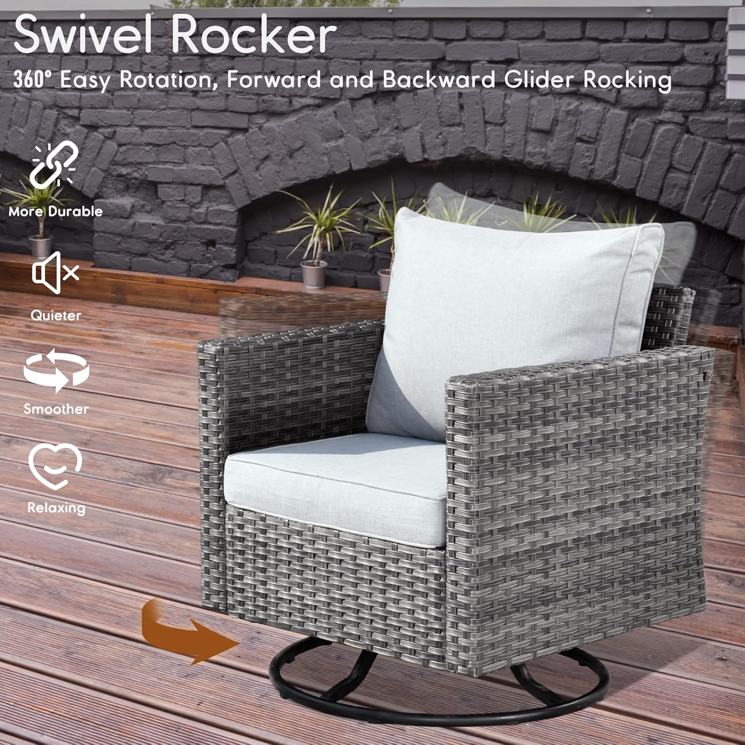HOOOWOOO Patio Outdoor Conversation Set with Fire Pit Table,Small 6 Pieces Outside Furniture Single Sofa Set with PE Wicker Swivel Rocking Chairs,Gas Fire Pit Table and Coffee Side Table,Gray