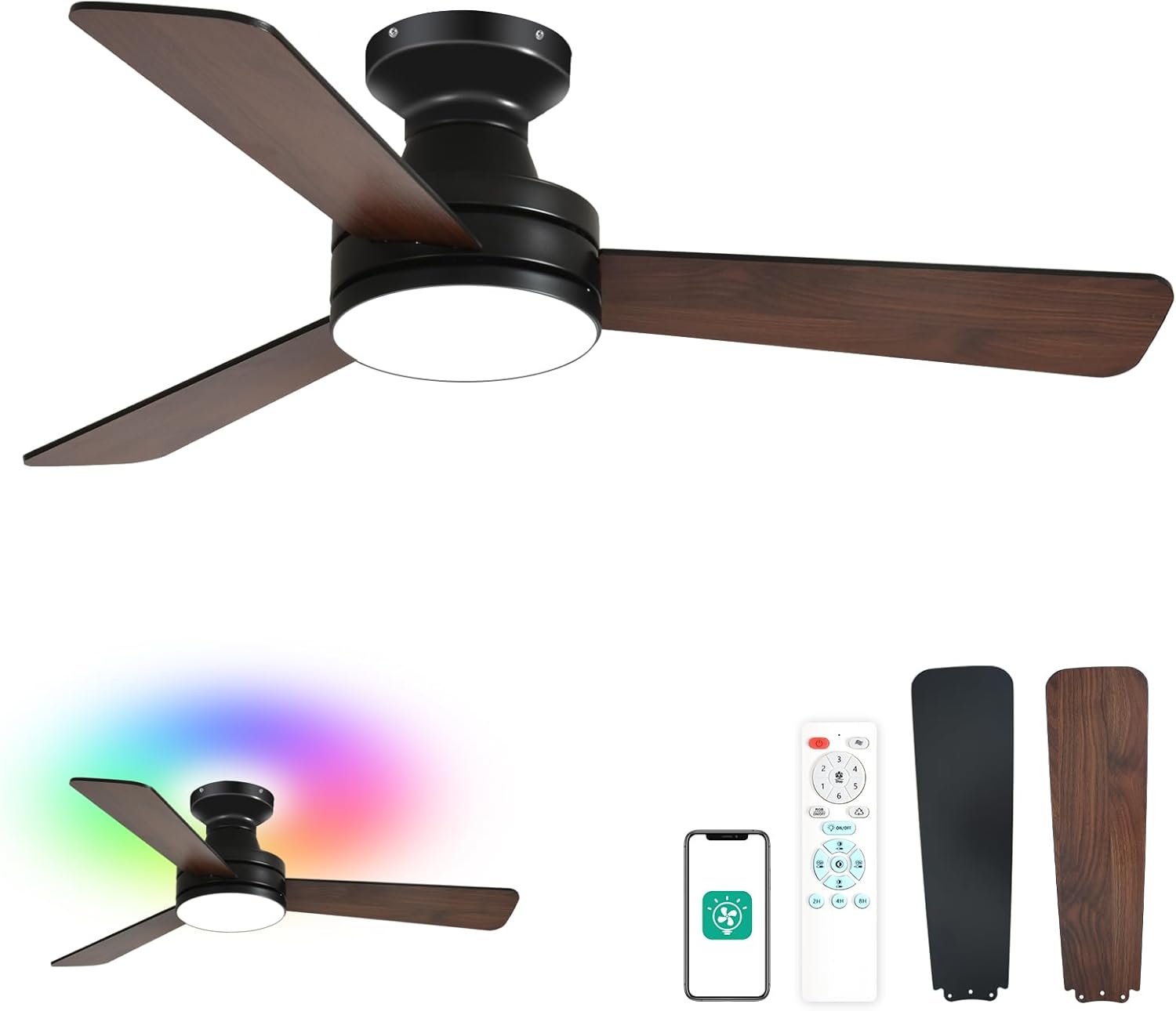 Orison Ceiling Fans with Lights 42 Inch, Low Profile Flush Mount Ceiling Fan, RGB Backlight & Dimmable Lighting, Remote & App Control, 6 Speeds, 3 Reversible Blades, Black/Wood