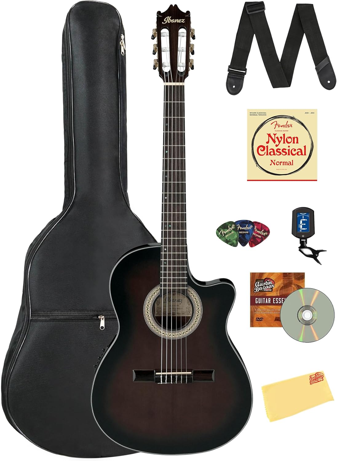 Ibanez GA35TCE Classical Acoustic-Electric Guitar - Dark Violin Sunburst High Gloss Bundle with Gig Bag, Tuner, Strap, Strings, Picks, Austin Bazaar Instructional DVD, and Polishing Cloth