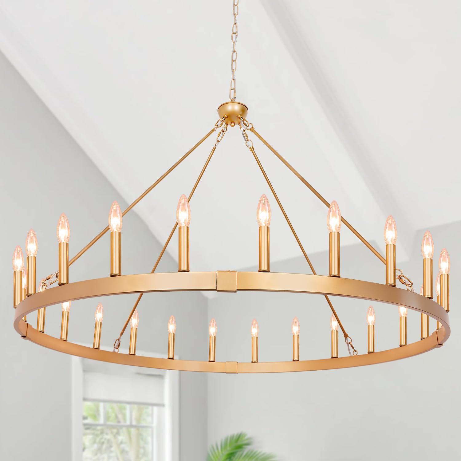 Gold Wagon Wheel Chandelier 48-Inch 24-Light, Extra Large Round Rustic Farmhouse Chandeliers for Outdoor Porch high Ceilings Dining Room Living Room Foyer Entryway